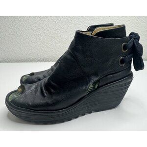 Fly London Women's Yema Leather Wedge Peep Toe Shoes Size 6.5